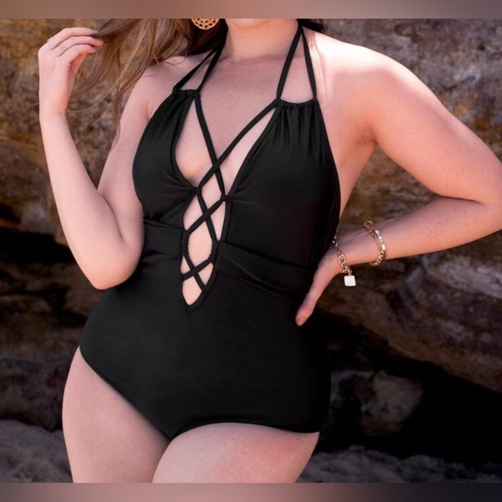Plunge lace up swimsuit 3X NEW